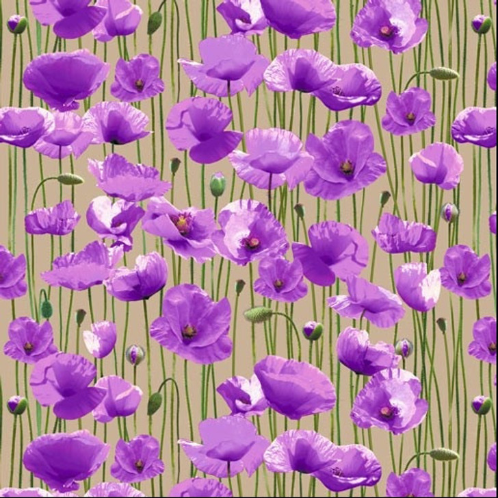 Animals of War Purple Poppy Field Beige Cotton Quilting Fabric
