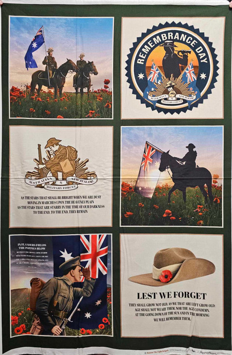 Honour the Light Horse Brigade 6 Block Poppy in Hat Cotton Quilting Fabric Panel