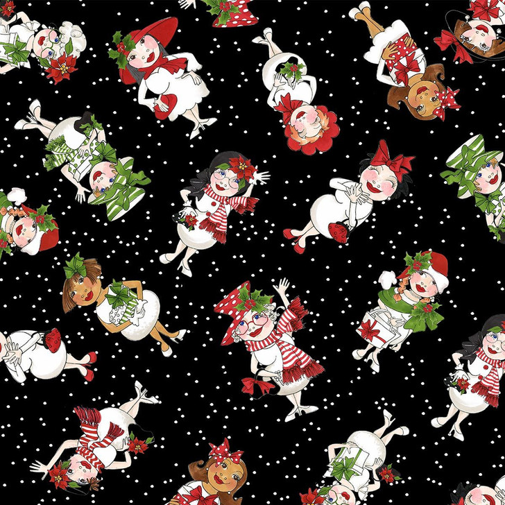 Christmas Snowball Ladies Tossed Black Cotton Quilting Fabric