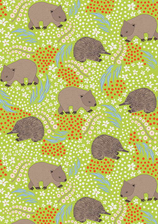 Australian Animal Echidna and Wombat Lime Green Cotton Quilting Fabric