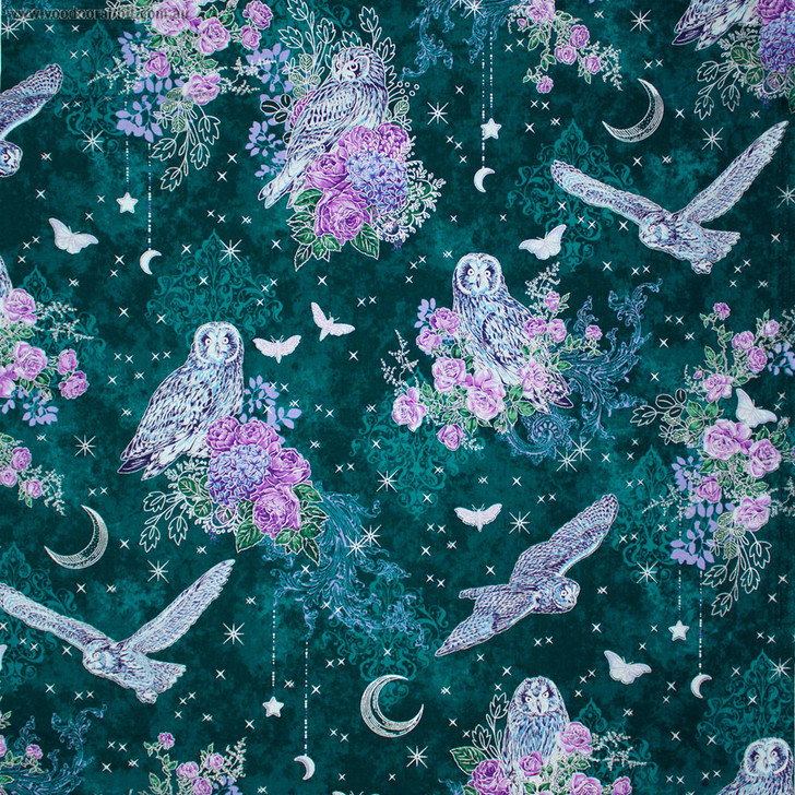 Mystic Moon Owls Teal Silver Metallic Highlights SRKM21634213 Cotton Quilting Fabric