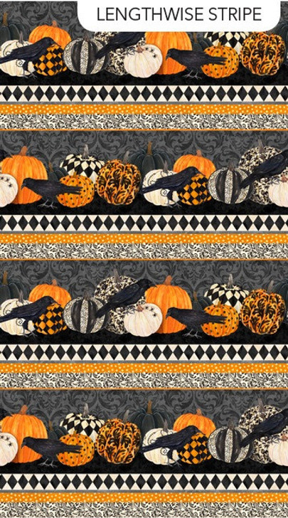 Candelabra Ravens and Pumpkins Border Stripe Black Cotton Quilting Fabric