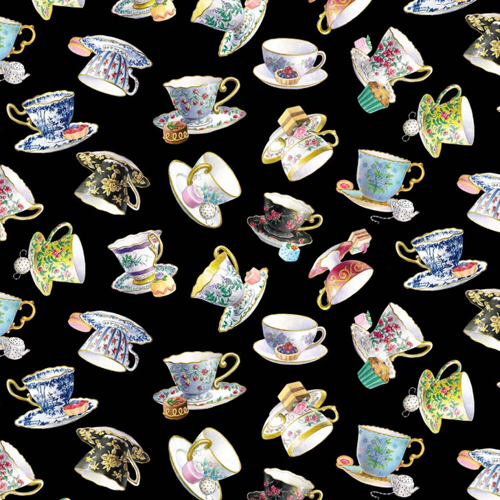 Fancy Tea Teacups Tossed  Black Metallic Highlights 34001E-BLACK Cotton Quilting Fabric