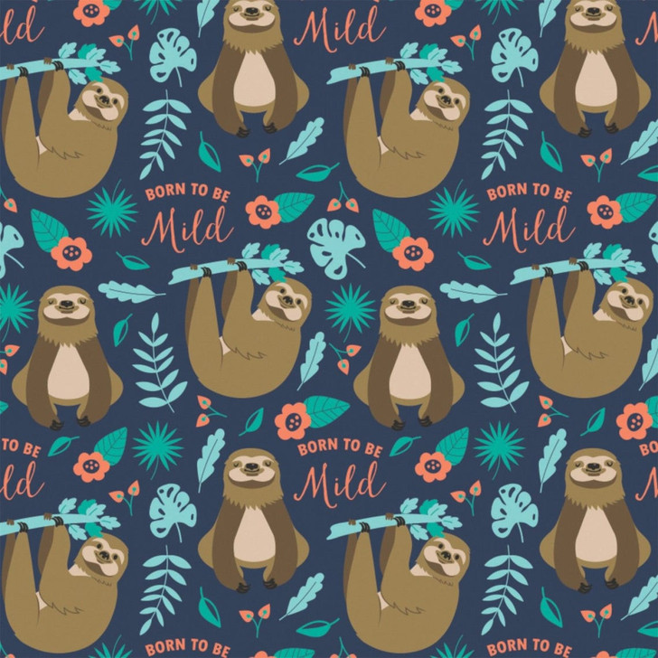 Sloths Born To Be Mild Navy Cotton Quilting Fabric