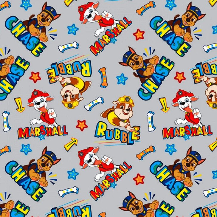Paw Patrol Chase Marshal Rubble Grey Cotton Quilting Fabric