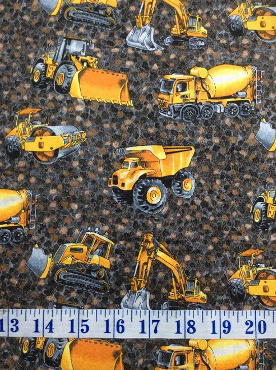 Trucks and Diggers Scattered Grey and Brown Background Cotton Quilting Fabric