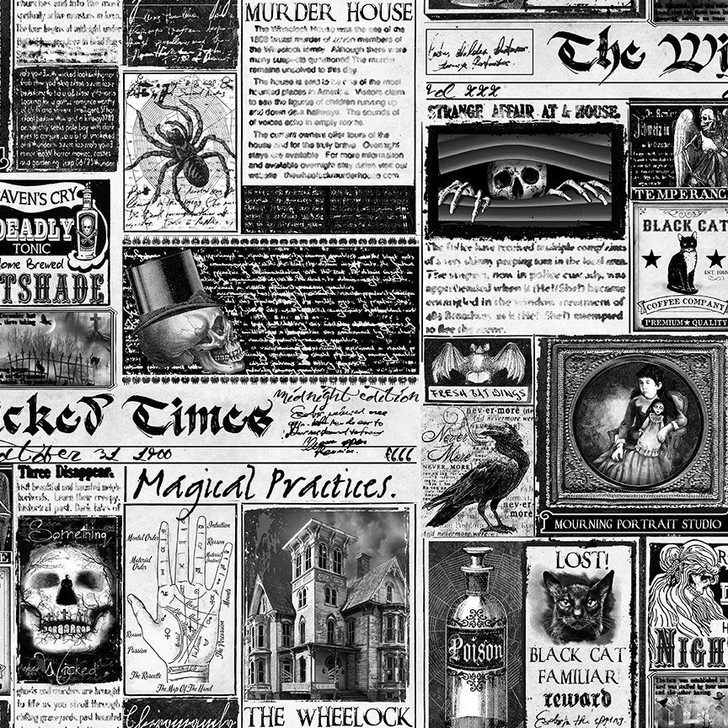 Wicked Time Newspaper Halloween CD1825-WHITE Cotton Quilting Fabric