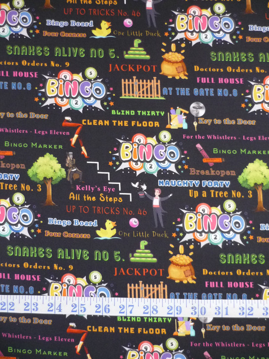 Bingo Numbers Words Black Background 103B Cotton Quilting Fabric