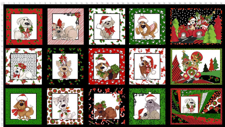 Doggie Holiday Christmas 692549 Cotton Quilting Fabric Block Panel