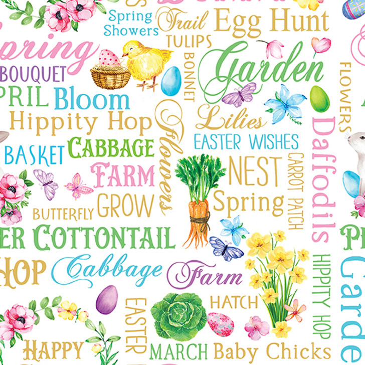 Cottontail Farms Easter Springtime Words White 14401-09 Cotton Quilting Fabric