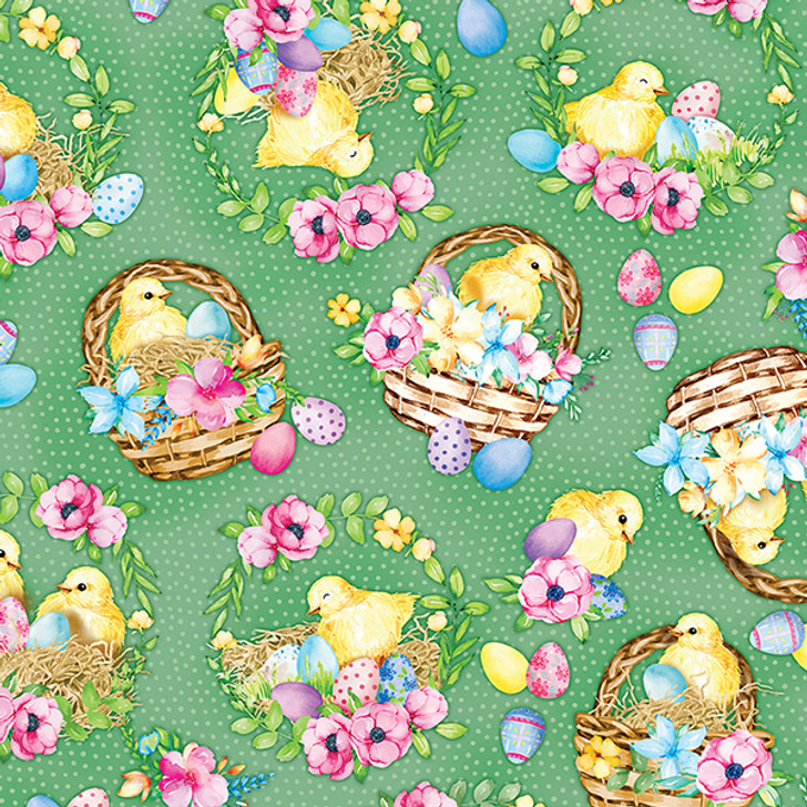 Cottontail Farms Easter Springtime Chicks Green 14412-44 Cotton Quilting Fabric