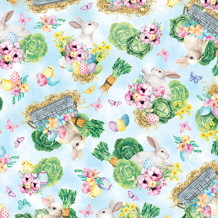 Cottontail Farms Easter Garden Blue 14408-54 Cotton Quilting Fabric