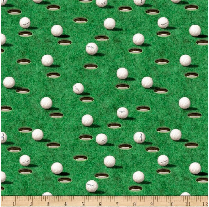 Chip Shot Golf Balls and holes Green Cotton Quilting Fabric