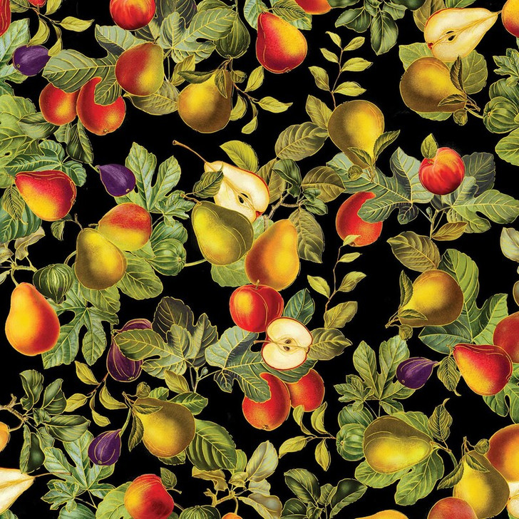 Harvest Festival Fall Fruit Pears Metallic Highlights Black 14033M-12 Cotton Quilting Fabric