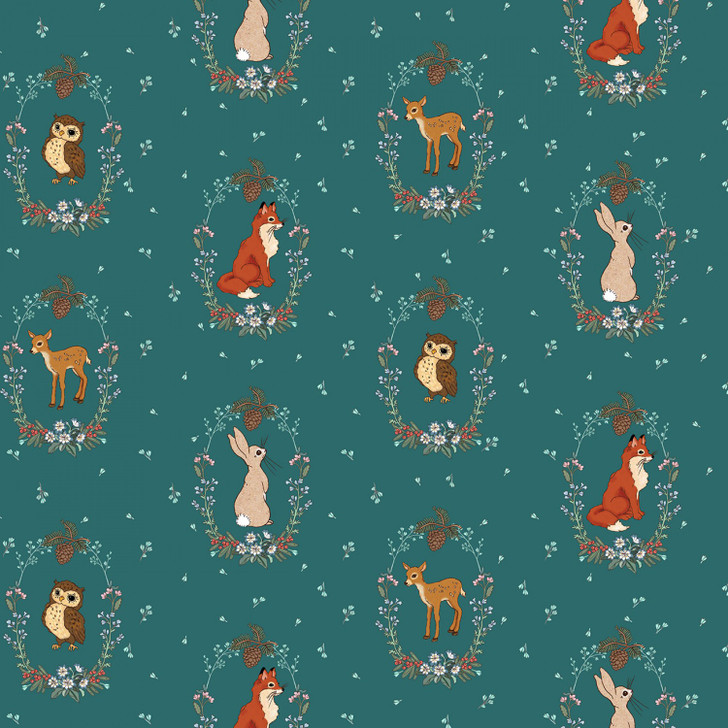 Midnight Forest Babies Vignettes Fawns Squirrels Rabbits DC11377-TEAL Cotton Quilting Fabric