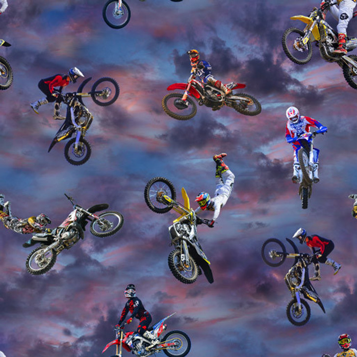 Motocross Maniacs Dirt Bikes Purple Sky Background 1137M Cotton Quilting Fabric