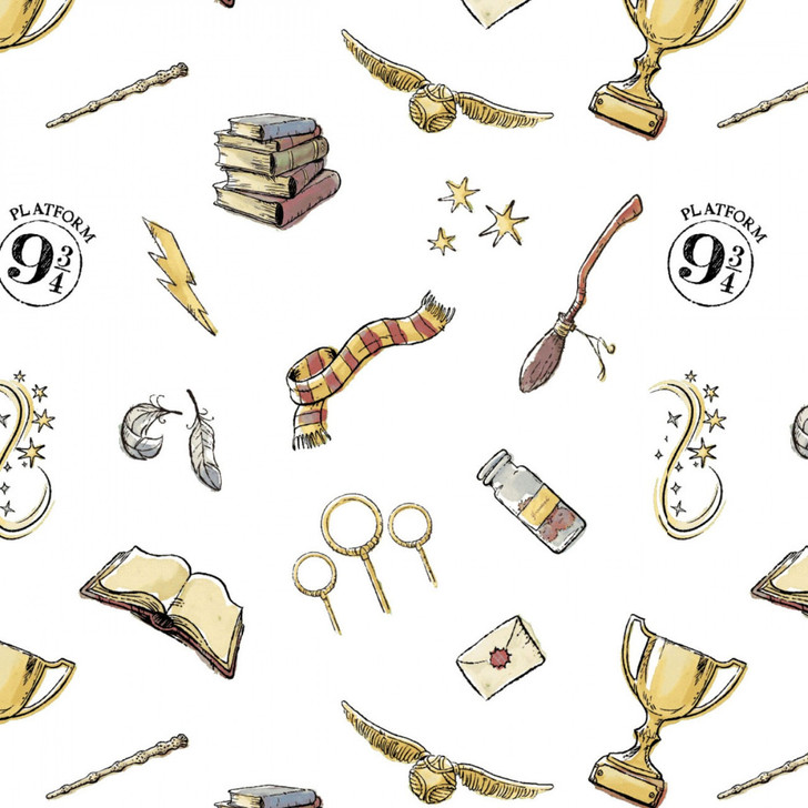 Harry Potter Icons White Background Cotton Quilting Fabric