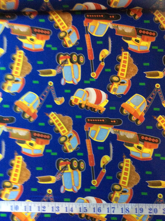 Trucks Cranes Bulldozers Royal Work In Progress Cotton Quilting Fabric 1/2 YARD