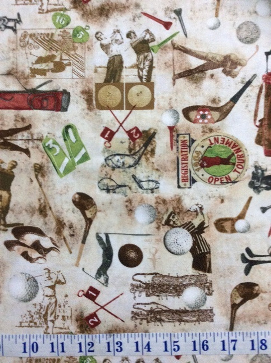 Golf Vintage Sports Coffee Coloured Background Cotton Quilting Fabric