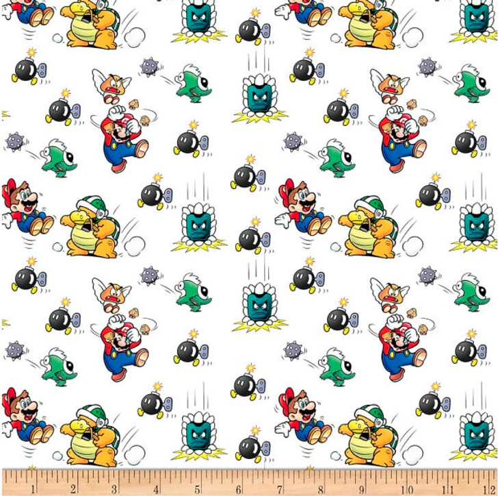 Nintendo Mario in Trouble White Cotton Quilting Fabric