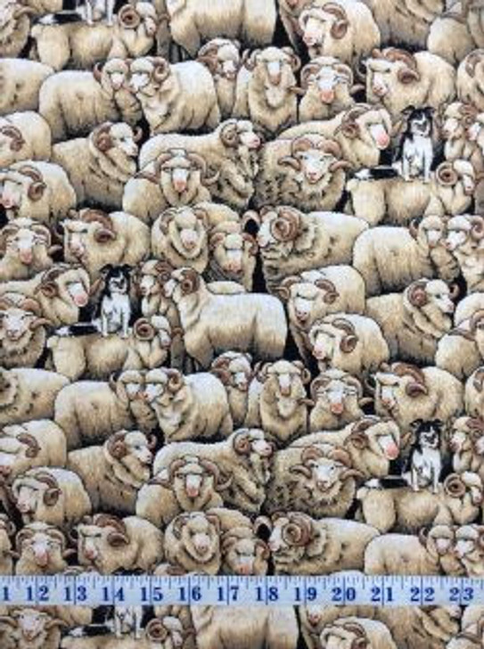 Merino Sheep Brown with Border Collie Dog Cotton Quilting Fabric