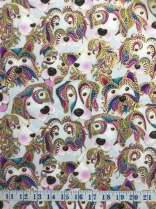 Dog On It Lets Face It Gold Metallic Highlights Light Grey Cotton Quilting Fabric