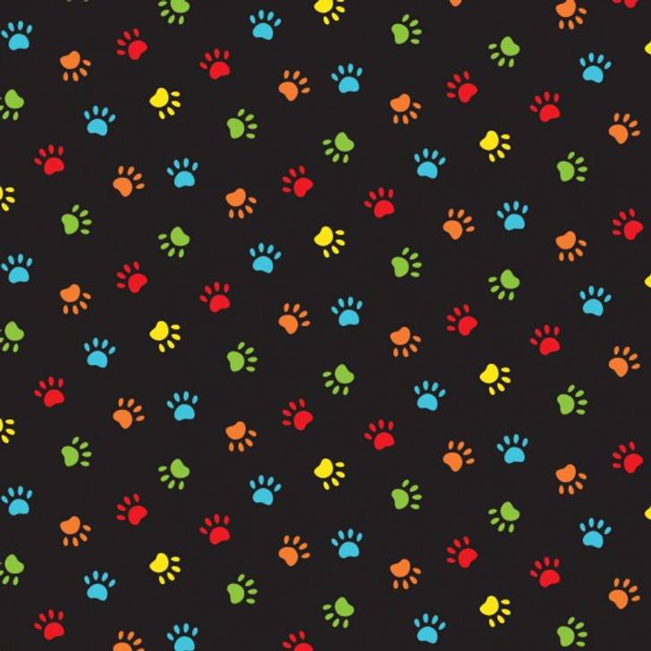 Paw Prints Dogs Cats Multi Small Black Background Cotton Quilting Fabric