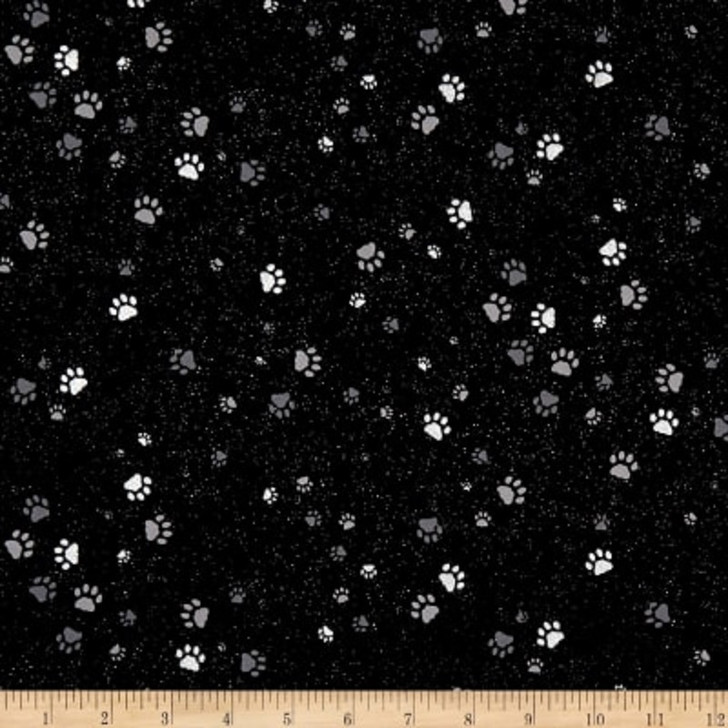 Paw Prints Onyx Full Moon Black Silver Metallic Cotton Quilting Fabric 1/2 YARD