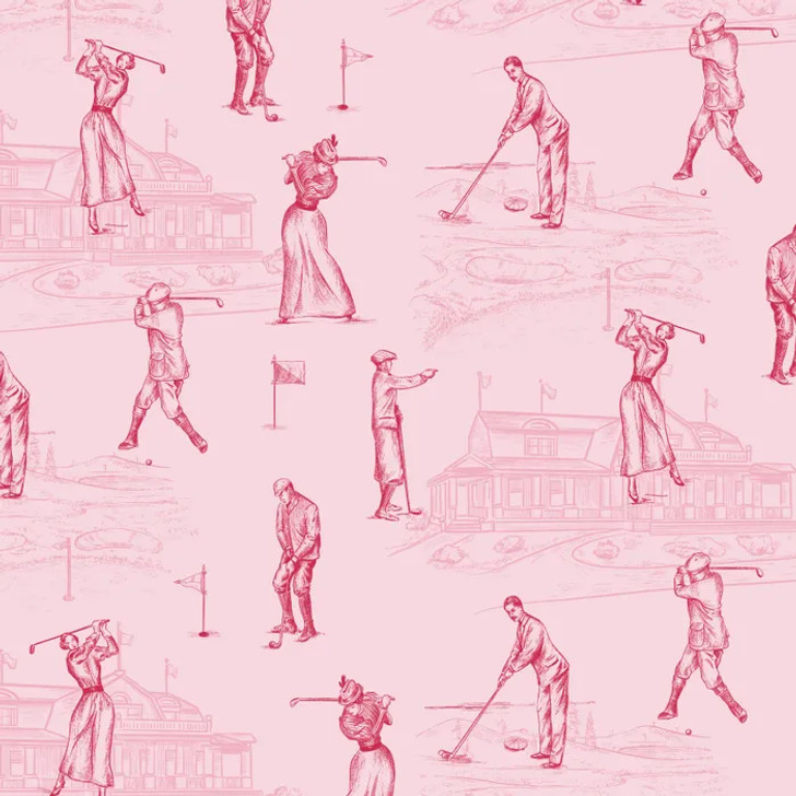 Toile De Jouy Red Golfers Pink Background DV6626 Cotton Quilting Fabric