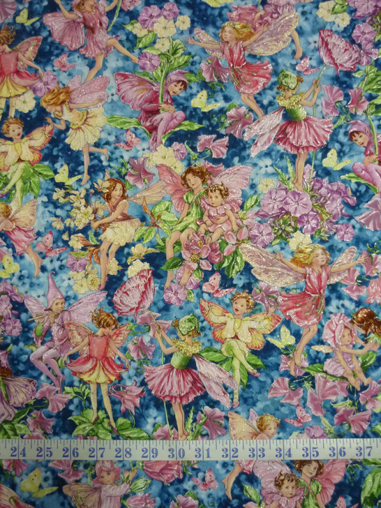 Fairy Whispers Cicely Mary Barker Silver Metallic Highlights Cotton Quilting Fabric