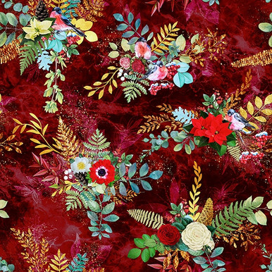 Puttin On The Glitz Christmas Flowers T4874H-231 Garnet Cotton Quilting ...