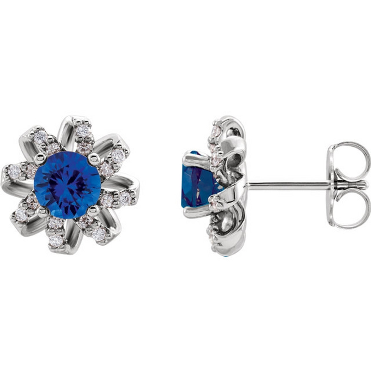 Blue Sapphire and Twisted Halo Diamond Earrings - DaVinci Emporium