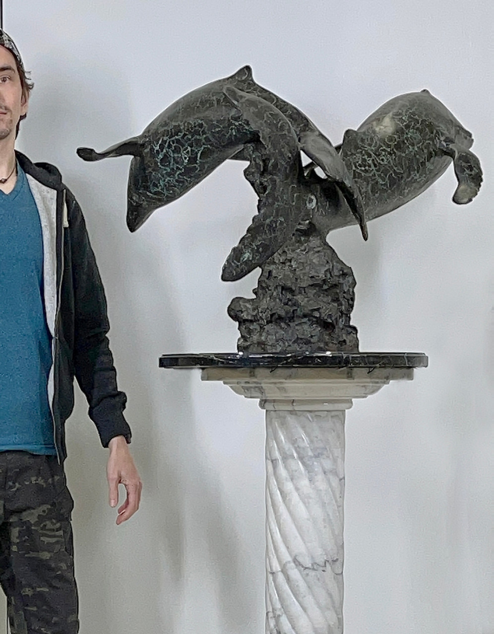 Bronze Two Whales Tabletop Sculpture with Marble Base DaVinci Emporium