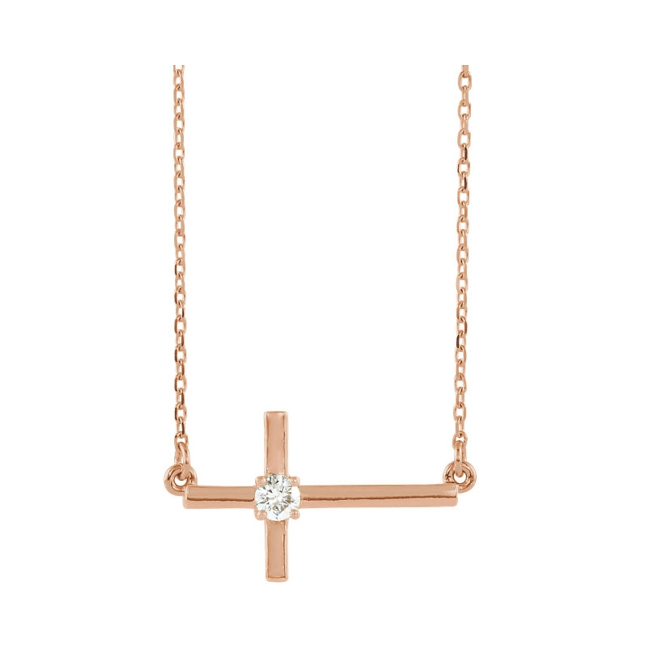 Diamond cross with chain necklace sideways-14K solid gold -