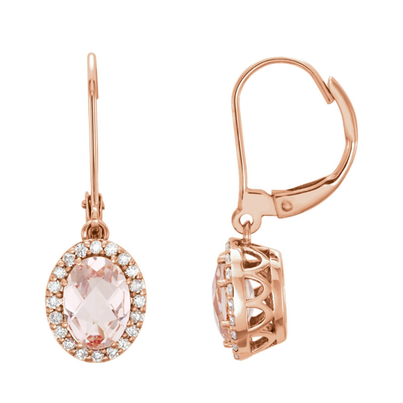 Oval Peach Pink Morganite and 1/5 CTW Diamond Halo Earrings 14k Rose ...