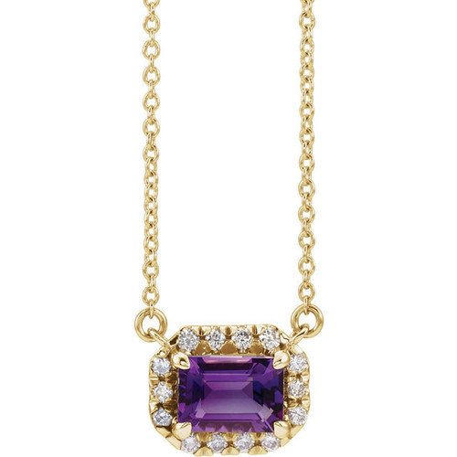 Amethyst and Diamond Halo Necklace in 14k Yellow Gold