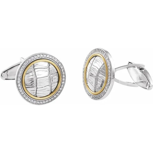 Diamond Round Alligator Print Cufflinks in Sterling Silver and 14k Yellow Gold