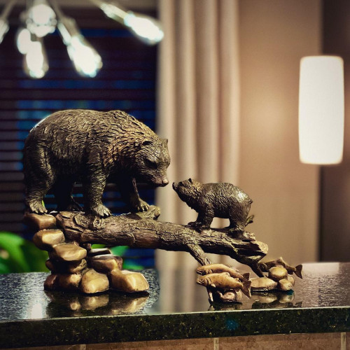 Bronze Bear and Cub Crossing Log Tabletop Sculpture