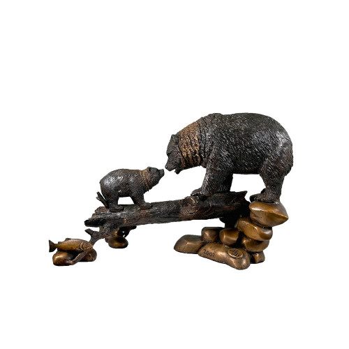 Bronze Bear and Cub Crossing Log Tabletop Sculpture