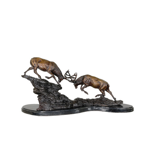 Bronze Deer Fighting Tabletop Sculpture on Marble Base