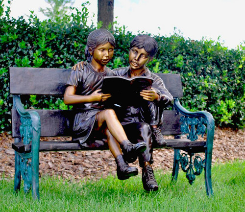 Bronze Boy and Girl Sitting on Bench Reading Sculpture