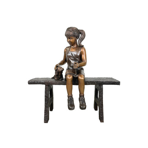 Bronze Girl on Bench with Dog on Bench Reading a Book Sculpture