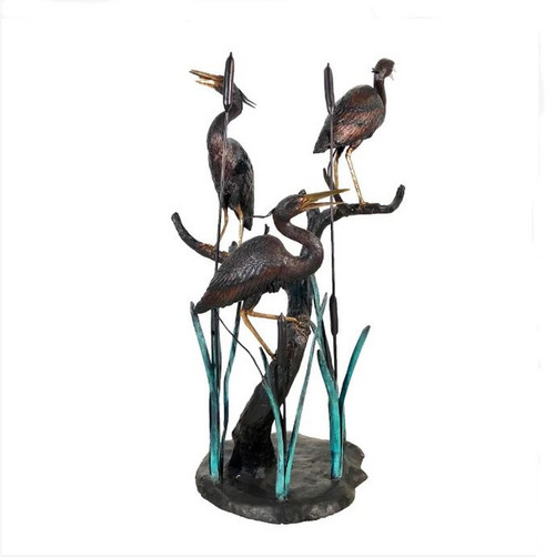 Bronze Heron Trio in Reeds Fountain Sculpture