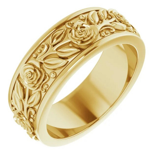 7 mm Floral Rose Men's Wedding Band in Gold or Platinum