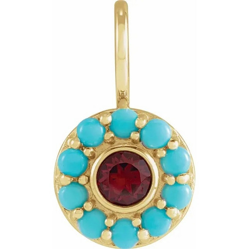 Garnet and Turquoise Halo Style Pendant in 14k Gold or Platinum