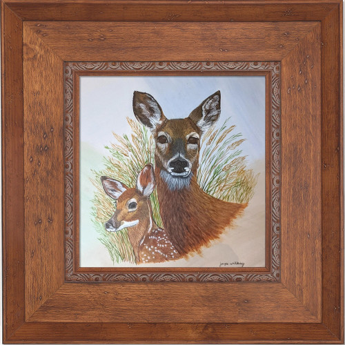 Deer Doe and Fawn  in Faded Circle Framed Original Canvas by Joyce Wilking