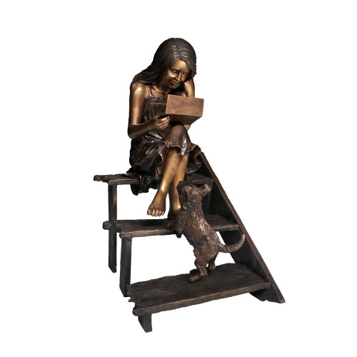 Bronze Girl and Dog Reading Letter on Stairs Sculpture