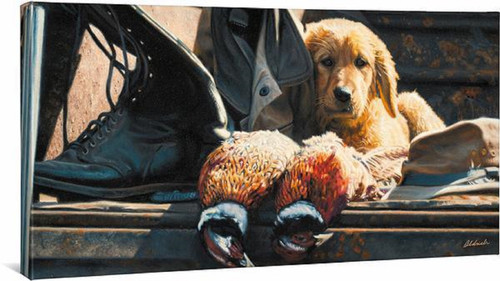 Hunting Equipment Used and Brand New – Golden Retriever Gallery Wrapped Canvas by John Aldrich