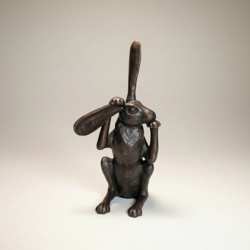 Bunny Rabbit Tugging Ear Bronze Tabletop Sculpture