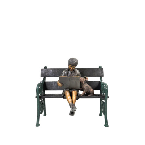  Girl Reading Book on Bench with Puppy Bronze Sculpture
